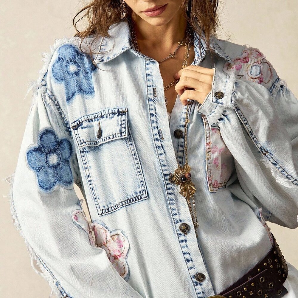 Blue Casual Women's Woven Patchwork Floral Long Sleeve Loose Wash Denim Shirt - Picture 5 of 7